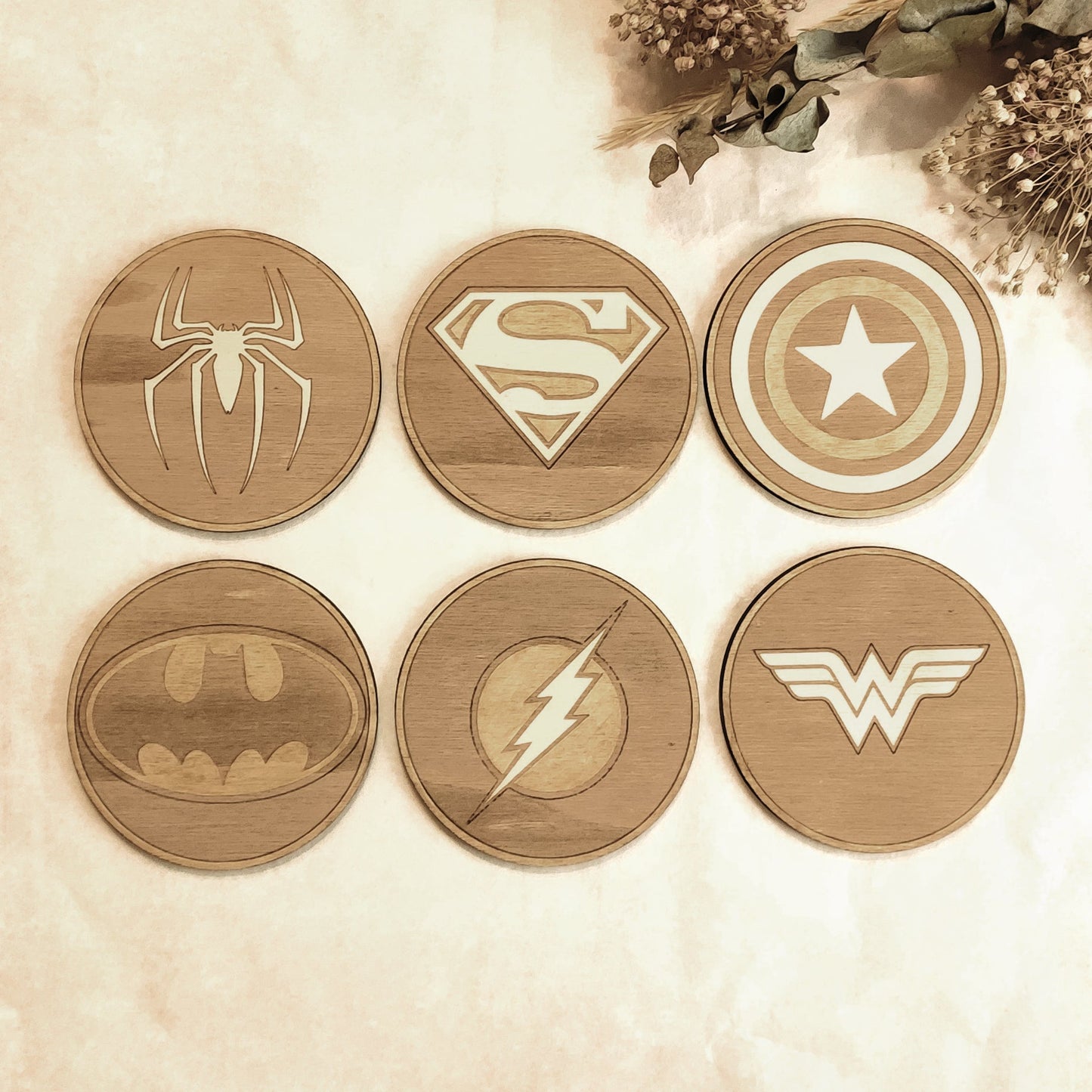 Set of 6 Superheroes Wooden Coasters - Handmade Gift - Housewarming - Wood Kitchenware