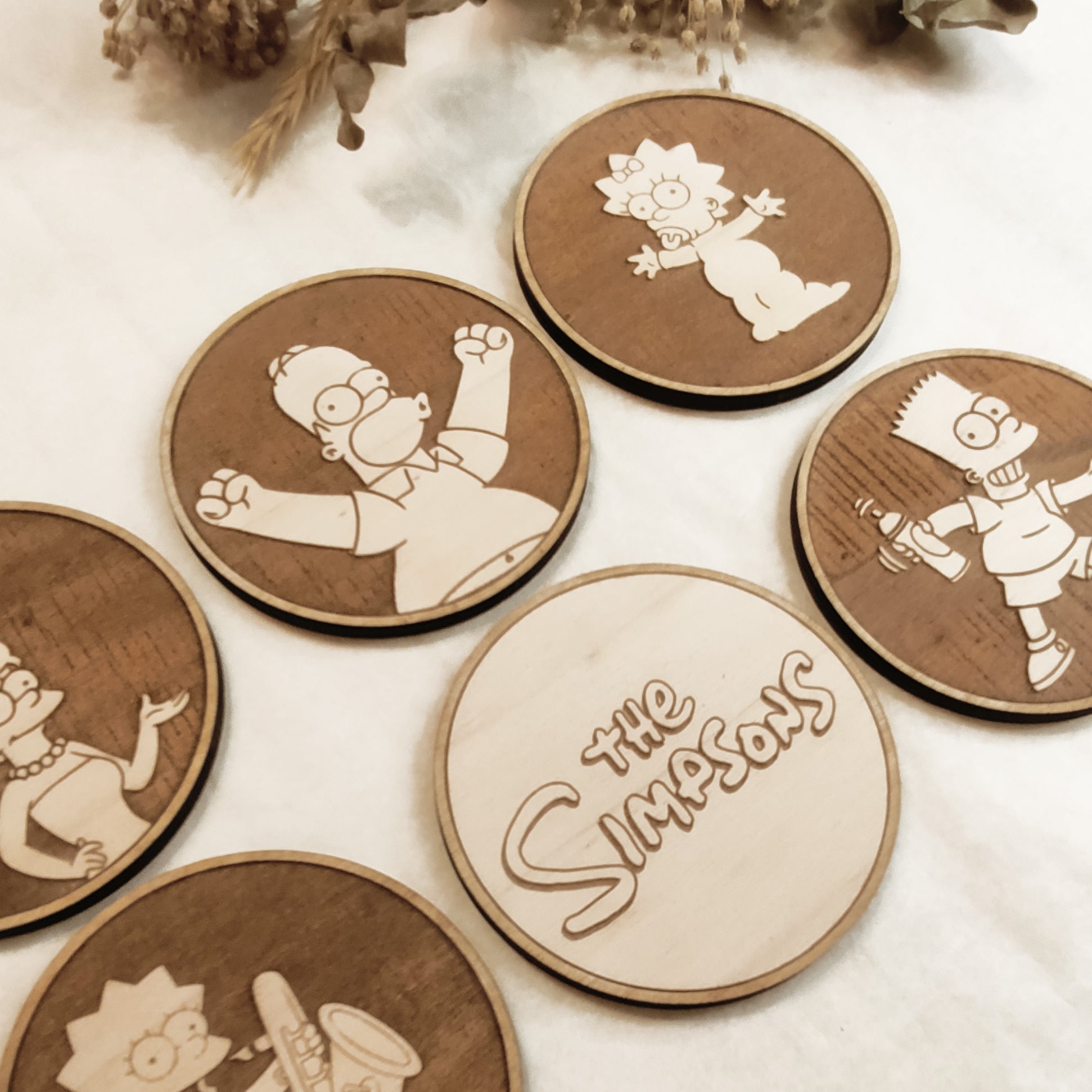 Set of 6 The Simpsons Wooden Coasters - Handmade Gift - Housewarming - Wood Kitchenware