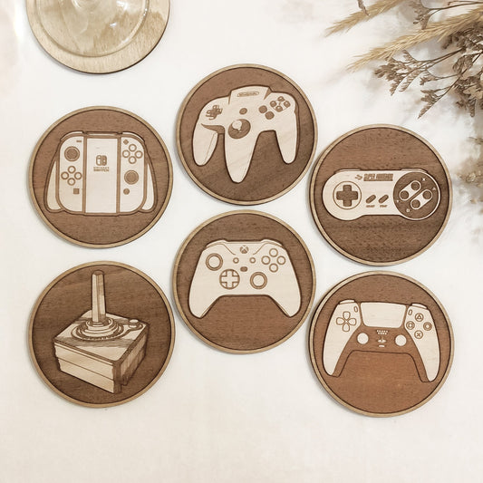 Set of 6 Videogames Controllers Wooden Coasters - Handmade Gift - Housewarming - Wood Kitchenware - Gamer