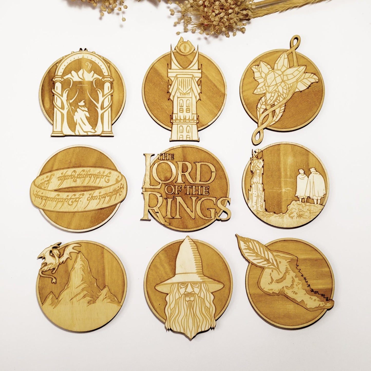 Set of 9 Lord of The Rings Wooden Coasters - Handmade Gift - Housewarming - Wood Kitchenware - LOTR