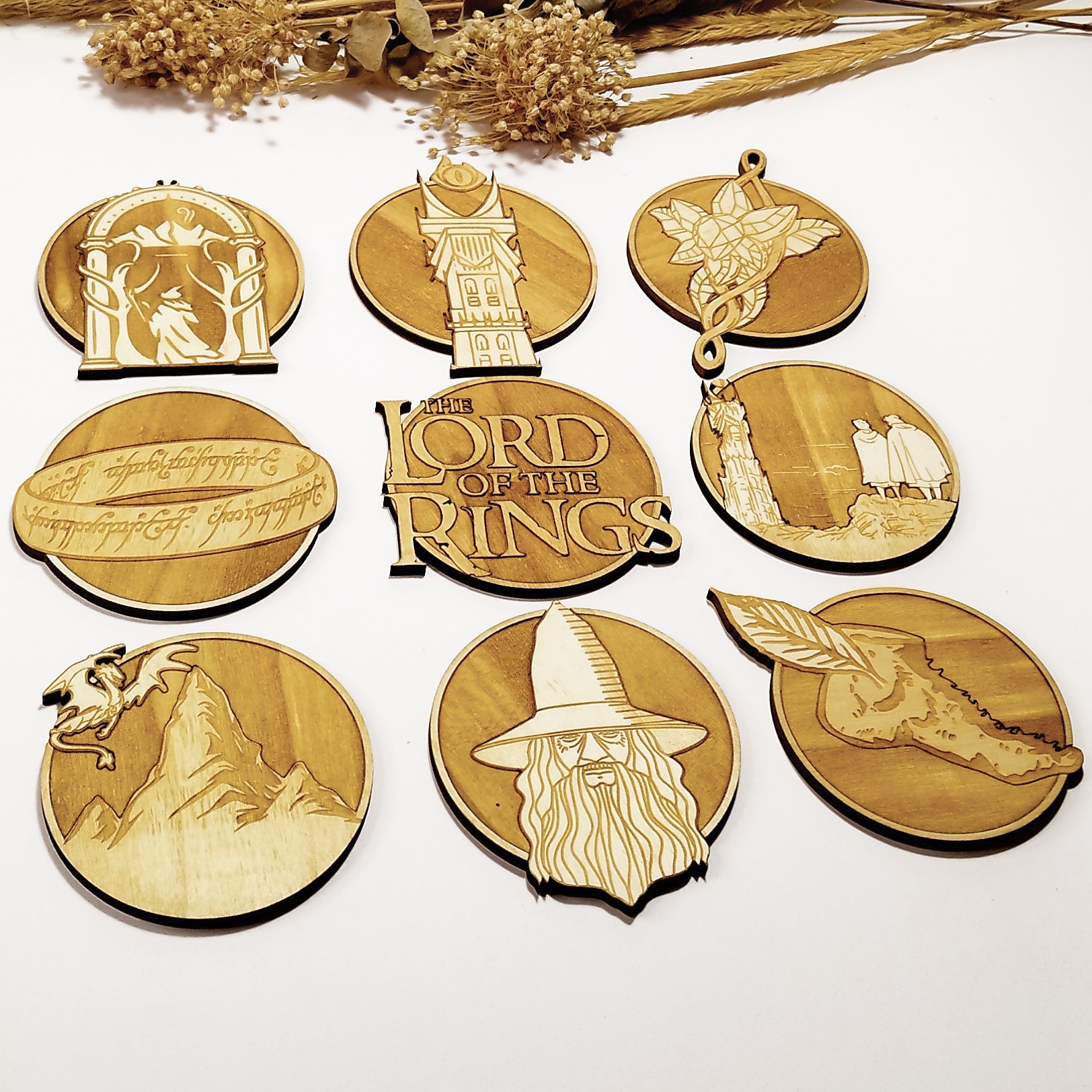 Set of 9 Lord of The Rings Wooden Coasters - Handmade Gift - Housewarming - Wood Kitchenware - LOTR