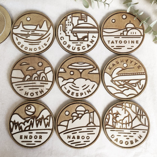 Set of 9 Star Wars Planets Wooden Coasters - Handmade Gift - Housewarming - Wood Kitchenware