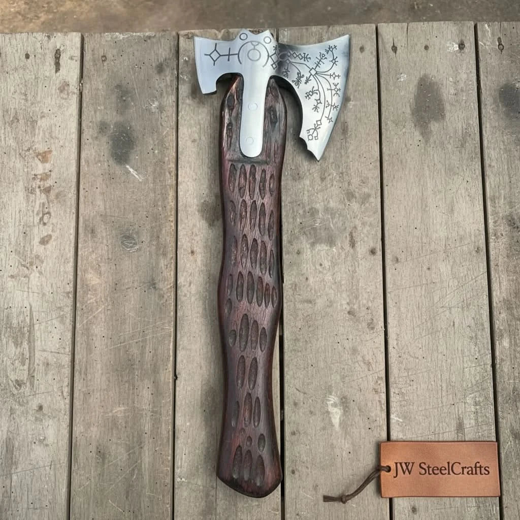 Hand Engraved Viking Double-Bit Axe with Carved Hardwood Handle and Norse Rune Detailing | Handmade Damascus Steel Collector Axe | JW SteelCrafts
