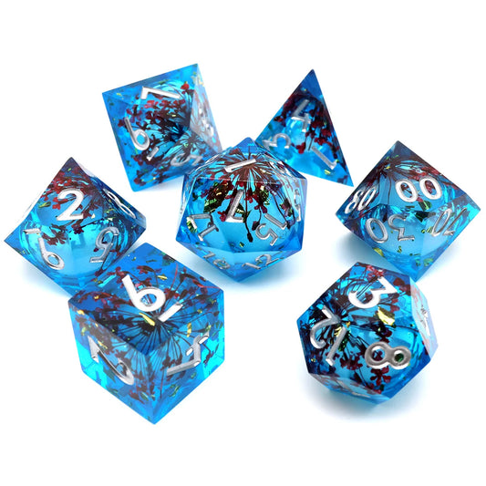 Sharp Edge Blue Transparent Liquid Core DND Dice Set With Flower For Role Playing Board Games D&D Dados De RPG