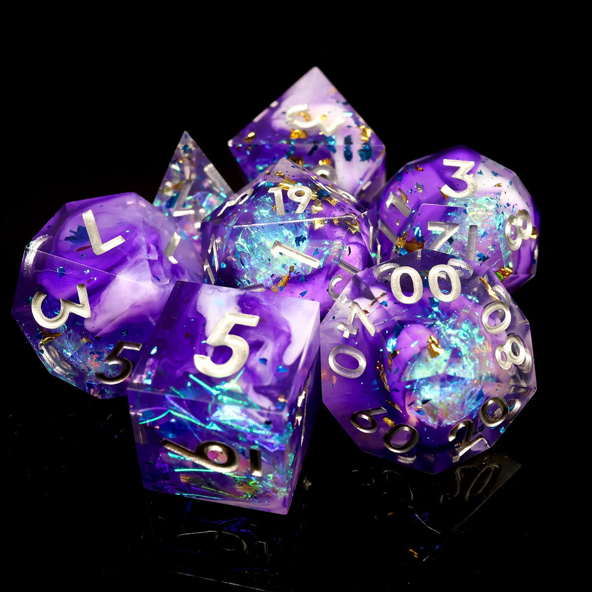 Sharp Edge Blue Transparent Liquid Core DND Dice Set With Flower For Role Playing Board Games D&D Dados De RPG