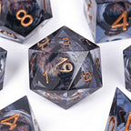 Sharp-edged black dragon's eye transparent liquid core resin DND dice set + copper font