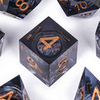 Sharp-edged black dragon's eye transparent liquid core resin DND dice set + copper font