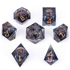 Sharp-edged black dragon's eye transparent liquid core resin DND dice set + copper font