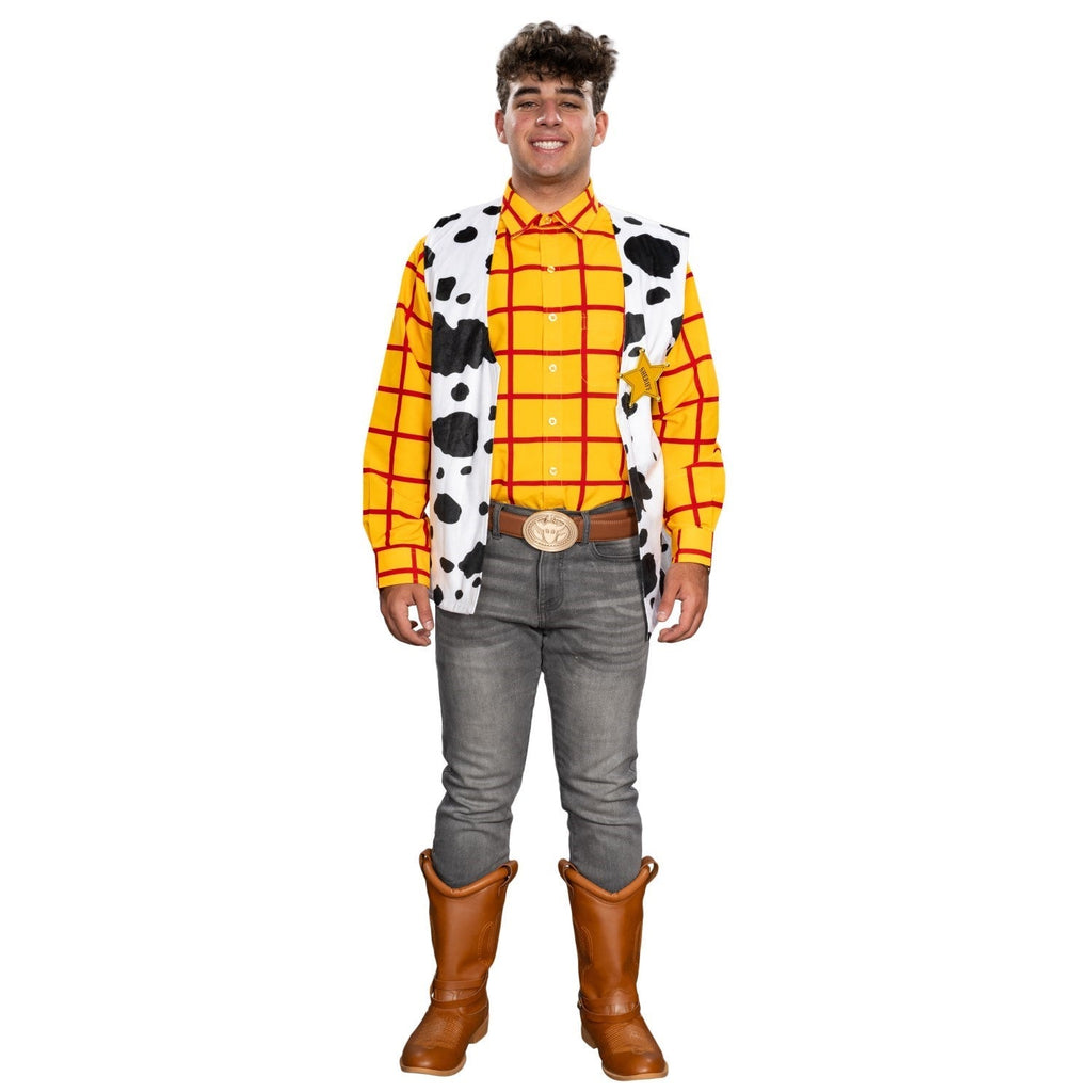 Sheriff Woody Cowboy Adult Halloween Cosplay Costume Set (Shirt, Vest, and Badge)