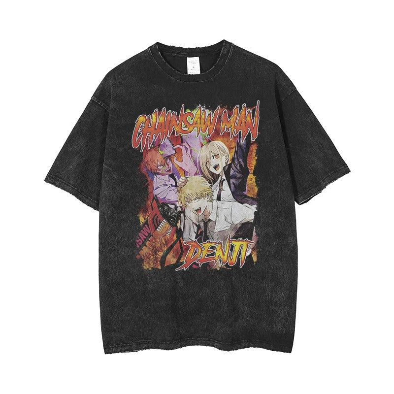 Shi Anime Chainsaw T-shirt Printed Shirt Retro Washed Outdated Printed Casual Short Sleeve