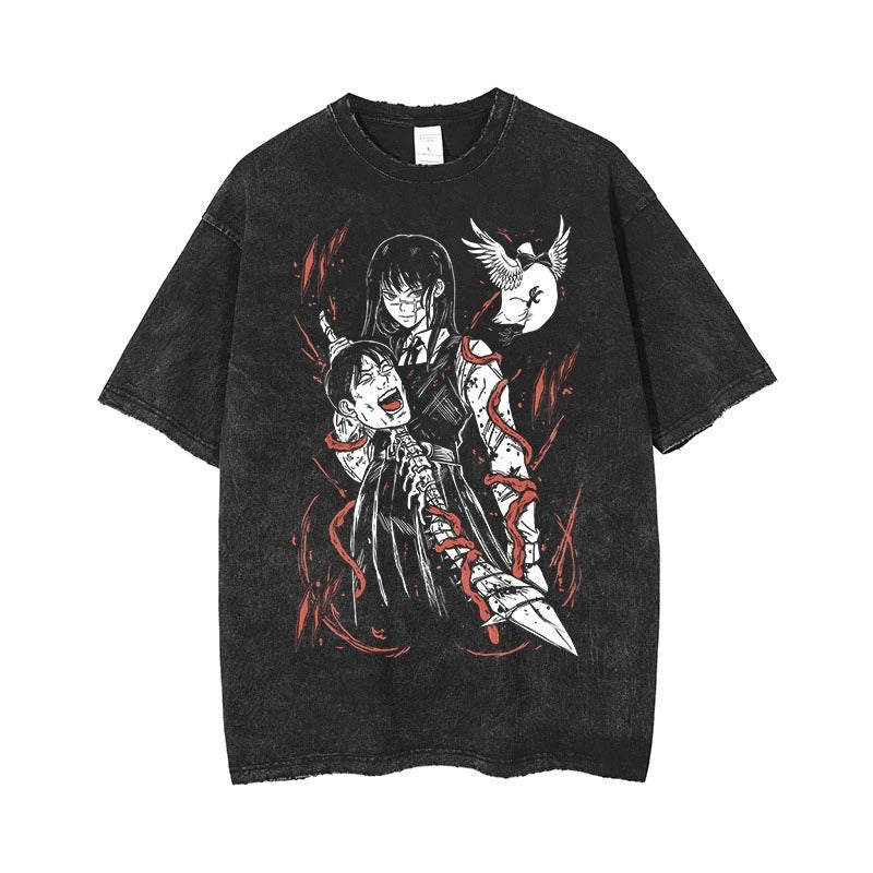 Shi Anime Chainsaw T-shirt Printed Shirt Retro Washed Outdated Printed Casual Short Sleeve