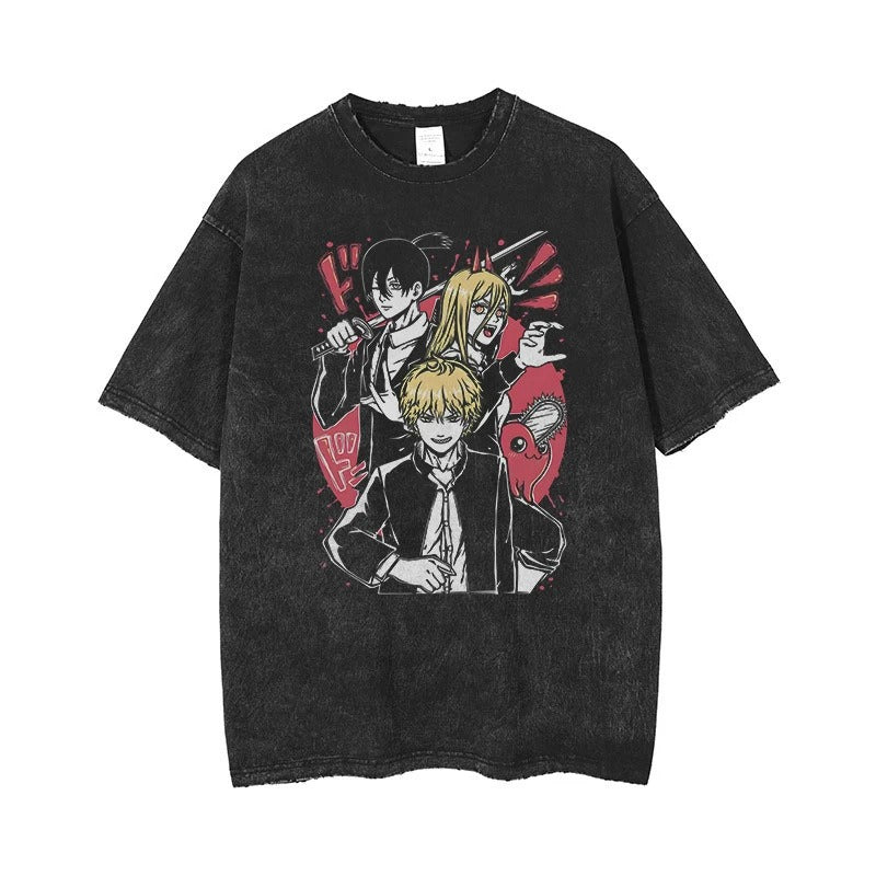 Shi Anime Chainsaw T-shirt Printed Shirt Retro Washed Outdated Printed Casual Short Sleeve