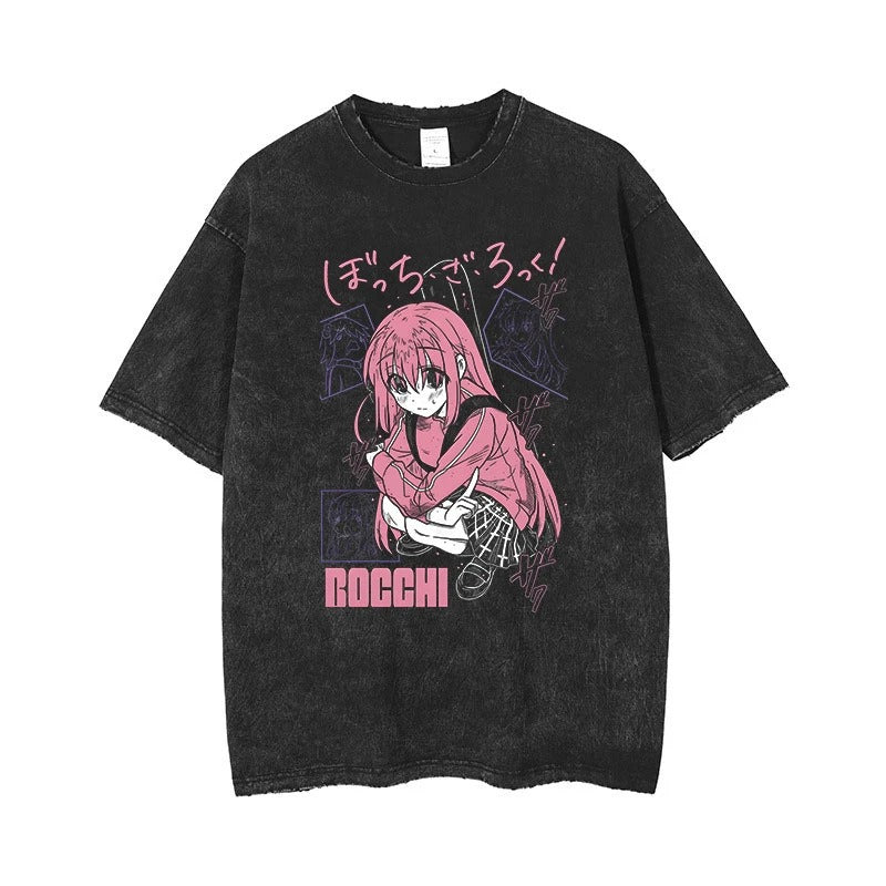 Shi Anime Chainsaw T-shirt Printed Shirt Retro Washed Outdated Printed Casual Short Sleeve