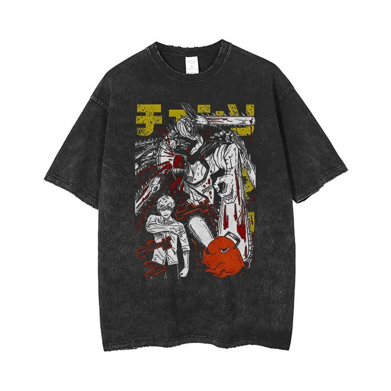 Shi Anime Chainsaw T-shirt Printed Shirt Retro Washed Outdated Printed Casual Short Sleeve