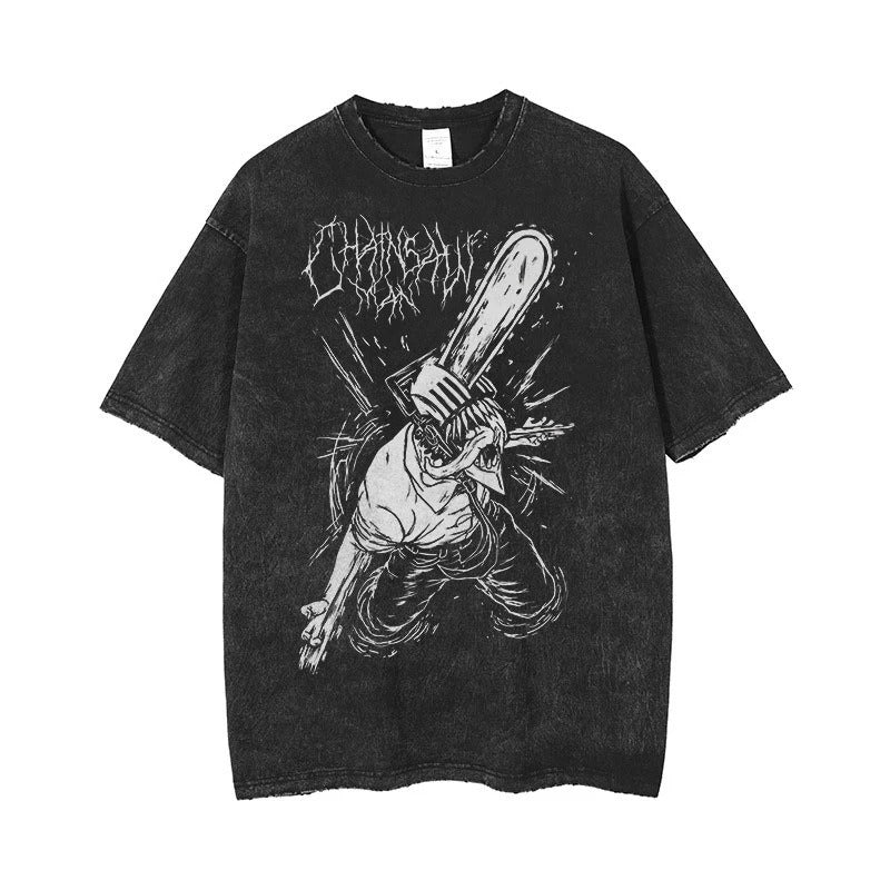 Shi Anime Chainsaw T-shirt Printed Shirt Retro Washed Outdated Printed Casual Short Sleeve