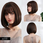 Short Straight Synthetic Brown Mix Gray Hair Cute Bob Wigs with Bangs for White/Black Women Cosplay Party or Daily Wear Wigs For Black Women Cosplay Wigs For Women