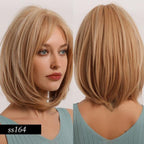 Short Straight Synthetic Brown Mix Gray Hair Cute Bob Wigs with Bangs for White/Black Women Cosplay Party or Daily Wear Wigs For Black Women Cosplay Wigs For Women