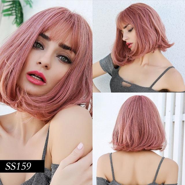 Short Straight Synthetic Brown Mix Gray Hair Cute Bob Wigs with Bangs for White/Black Women Cosplay Party or Daily Wear Wigs For Black Women Cosplay Wigs For Women