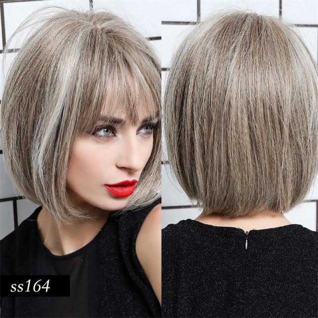 Short Straight Synthetic Brown Mix Gray Hair Cute Bob Wigs with Bangs for White/Black Women Cosplay Party or Daily Wear Wigs For Black Women Cosplay Wigs For Women