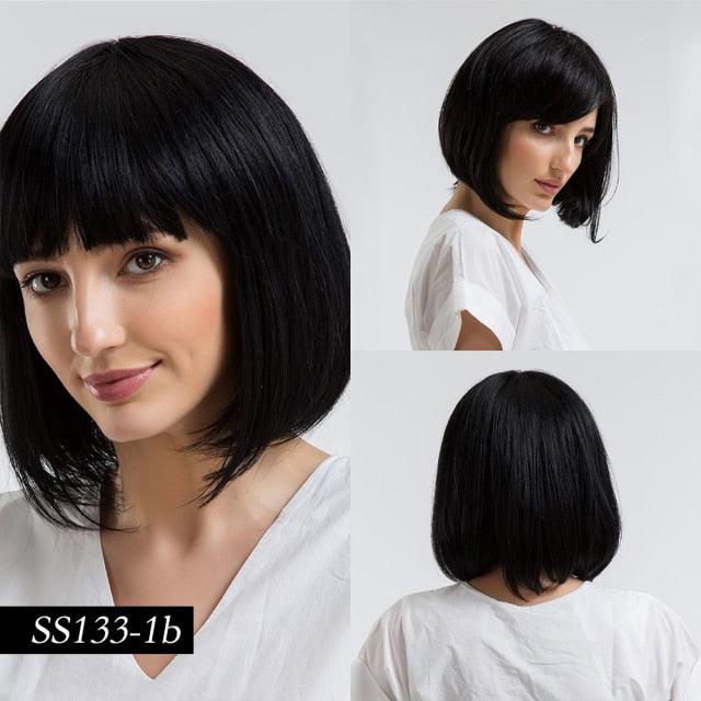 Short Straight Synthetic Brown Mix Gray Hair Cute Bob Wigs with Bangs for White/Black Women Cosplay Party or Daily Wear Wigs For Black Women Cosplay Wigs For Women