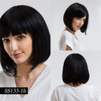 Short Straight Synthetic Brown Mix Gray Hair Cute Bob Wigs with Bangs for White/Black Women Cosplay Party or Daily Wear Wigs For Black Women Cosplay Wigs For Women