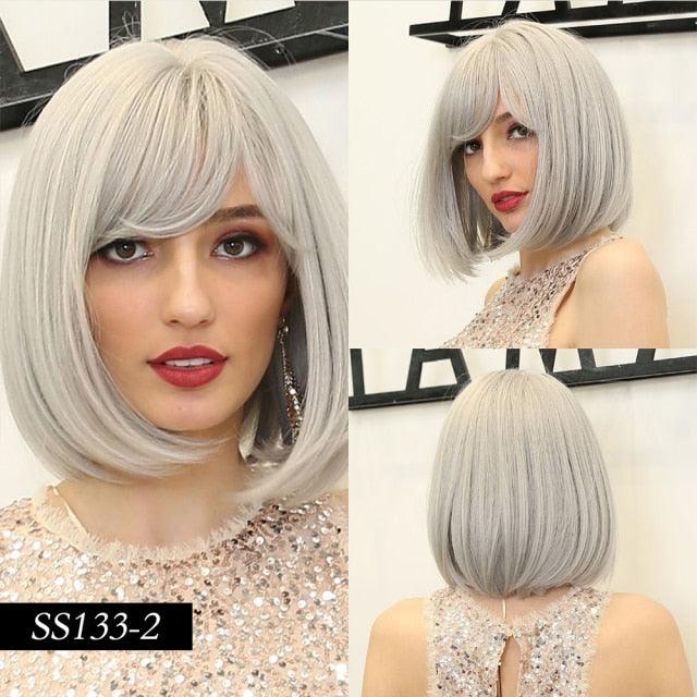 Short Straight Synthetic Brown Mix Gray Hair Cute Bob Wigs with Bangs for White/Black Women Cosplay Party or Daily Wear Wigs For Black Women Cosplay Wigs For Women