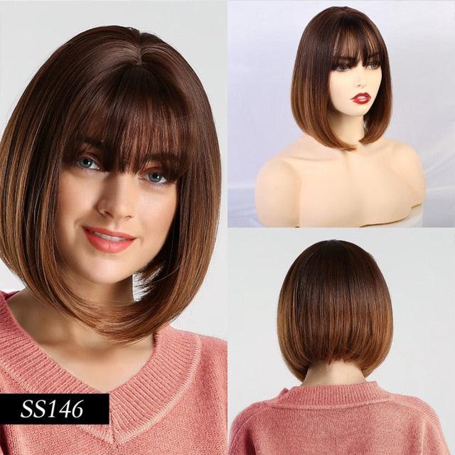Short Straight Synthetic Brown Mix Gray Hair Cute Bob Wigs with Bangs for White/Black Women Cosplay Party or Daily Wear Wigs For Black Women Cosplay Wigs For Women