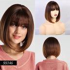 Short Straight Synthetic Brown Mix Gray Hair Cute Bob Wigs with Bangs for White/Black Women Cosplay Party or Daily Wear Wigs For Black Women Cosplay Wigs For Women