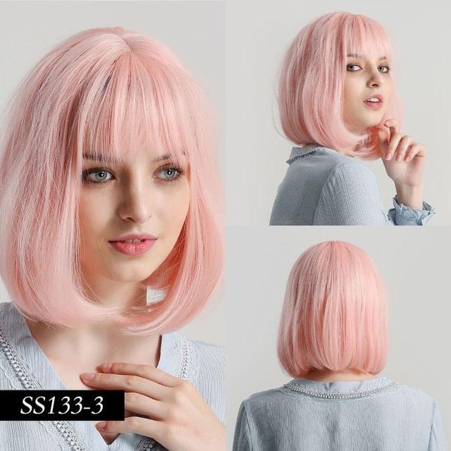 Short Straight Synthetic Brown Mix Gray Hair Cute Bob Wigs with Bangs for White/Black Women Cosplay Party or Daily Wear Wigs For Black Women Cosplay Wigs For Women