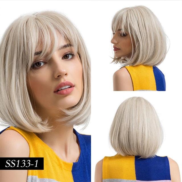 Short Straight Synthetic Brown Mix Gray Hair Cute Bob Wigs with Bangs for White/Black Women Cosplay Party or Daily Wear Wigs For Black Women Cosplay Wigs For Women