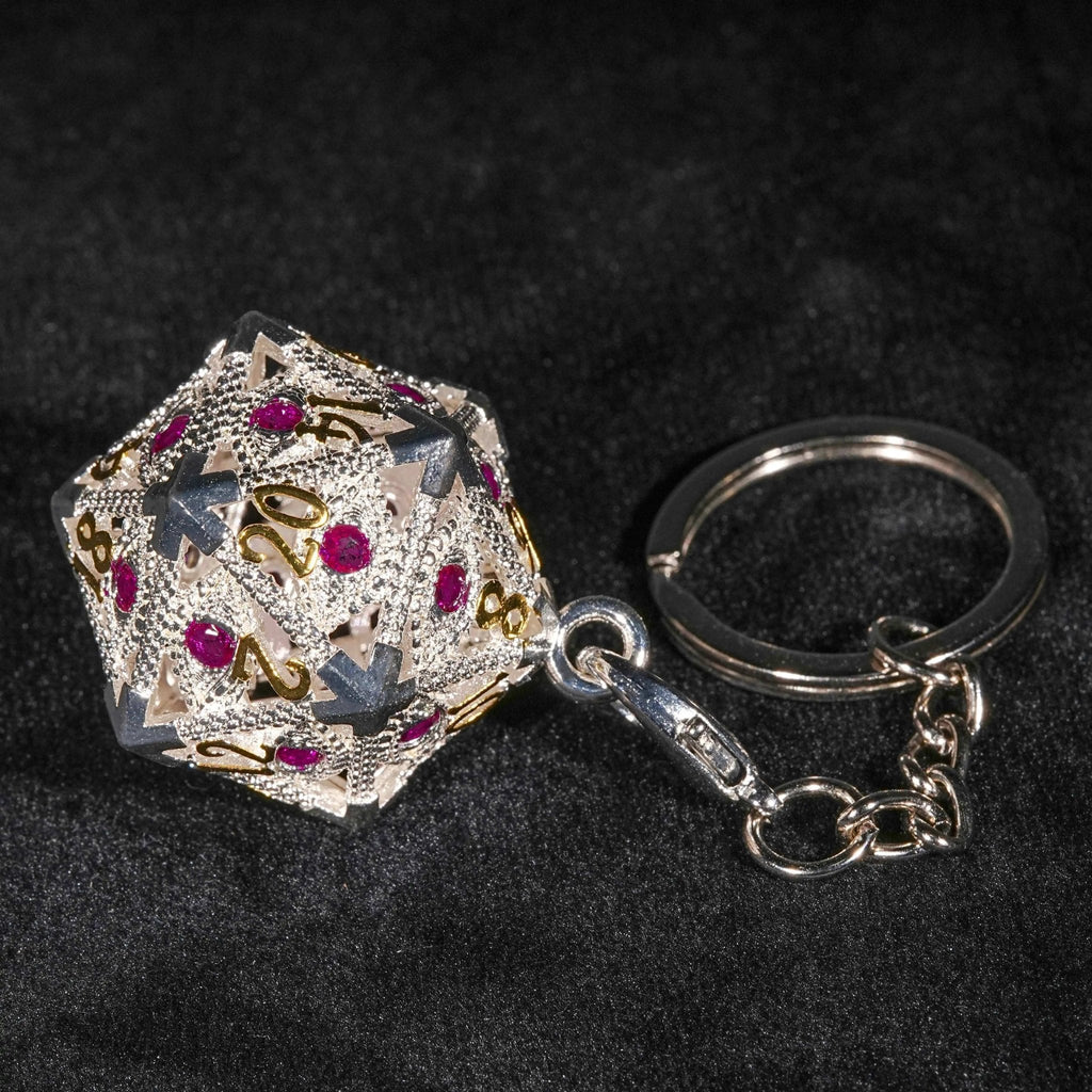 Silver Metal d20 Dice Cage Necklace Set Ruby Dragon's Eye