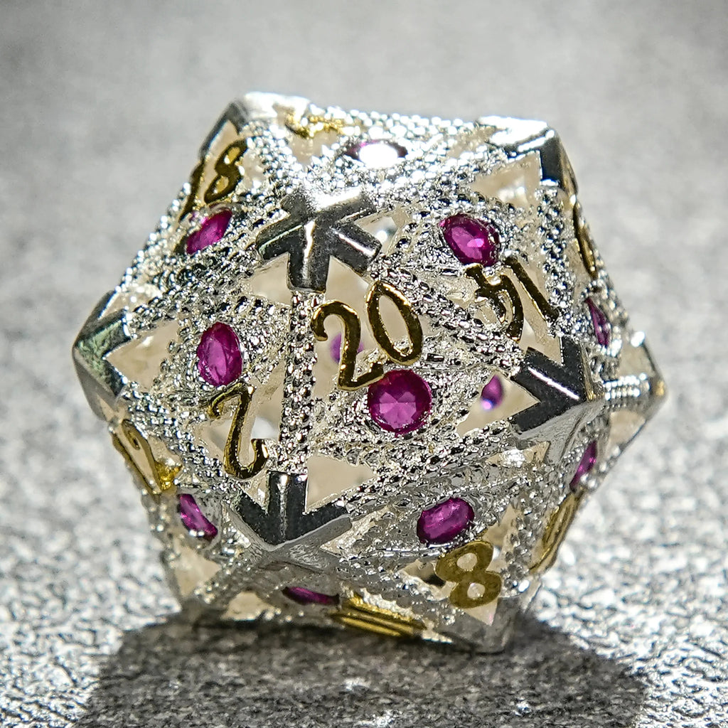 Silver with Pink Gems Dragon's Eye Hollow Metal RPG dice set