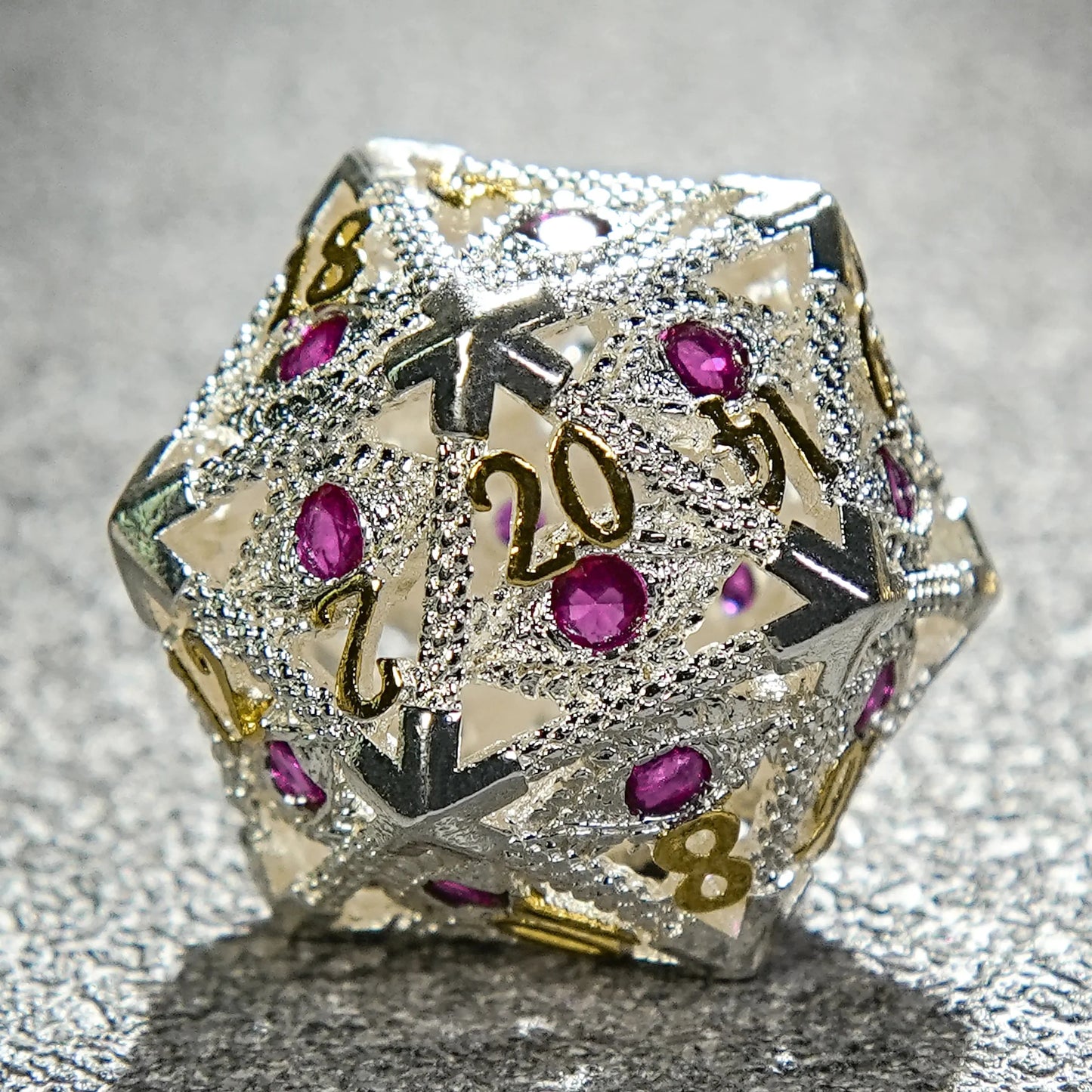 Silver with Pink Gems Dragon's Eye Hollow Metal RPG dice set