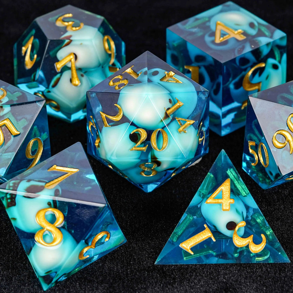 Skeleton Nightmare - Blue Resin DND Dice Set + Gold Numbers