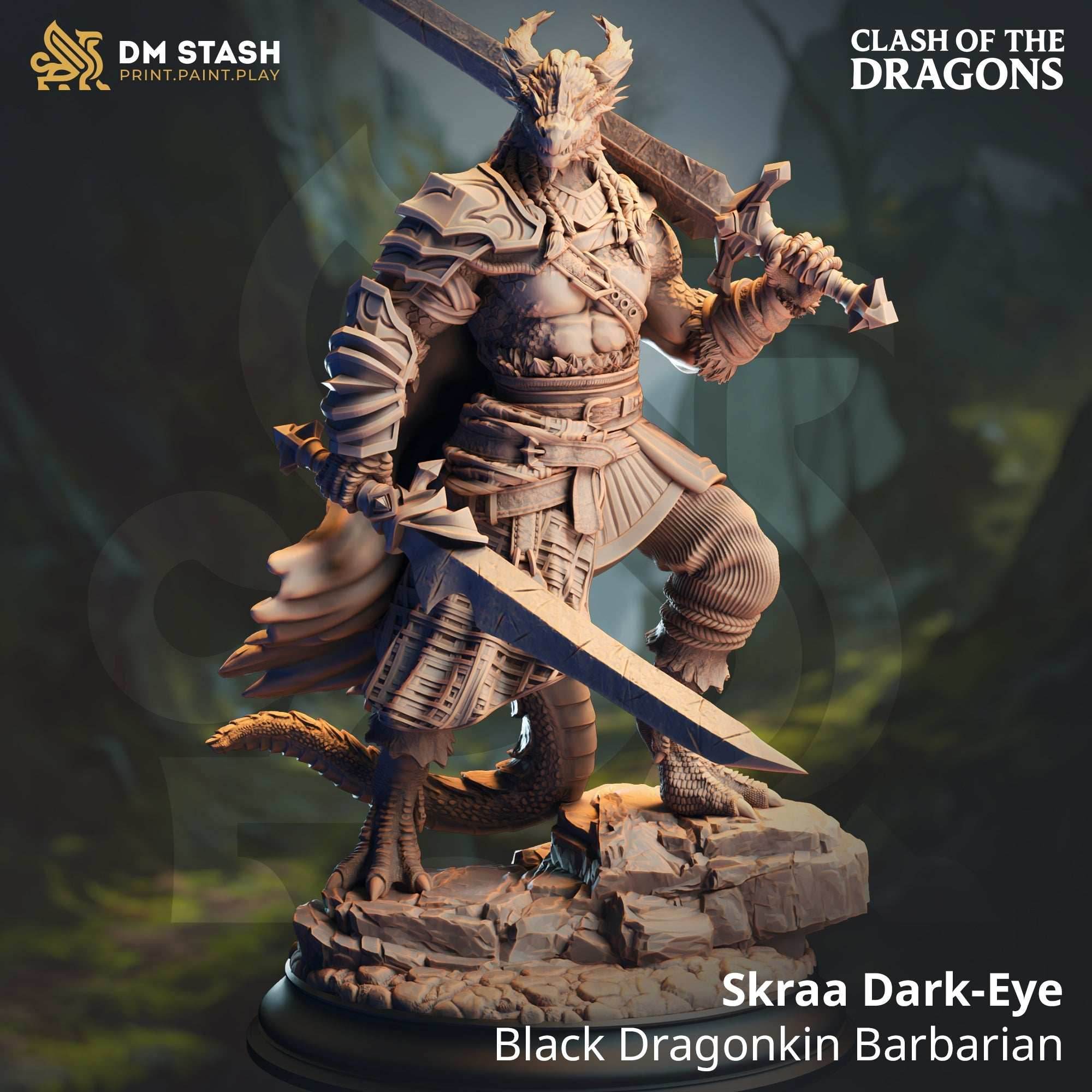Skraa Dark-Eye, Black Dragonkin Barbarian (Male Dragonborn Barbarian) - 32mm Scale