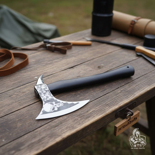 Hand-finished Bearded Axe – Detailed Etched Steel Head with Minimalist Black Handle