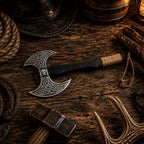 Skull Etched Double-Headed Viking Axe – Hand Forged Carbon Steel