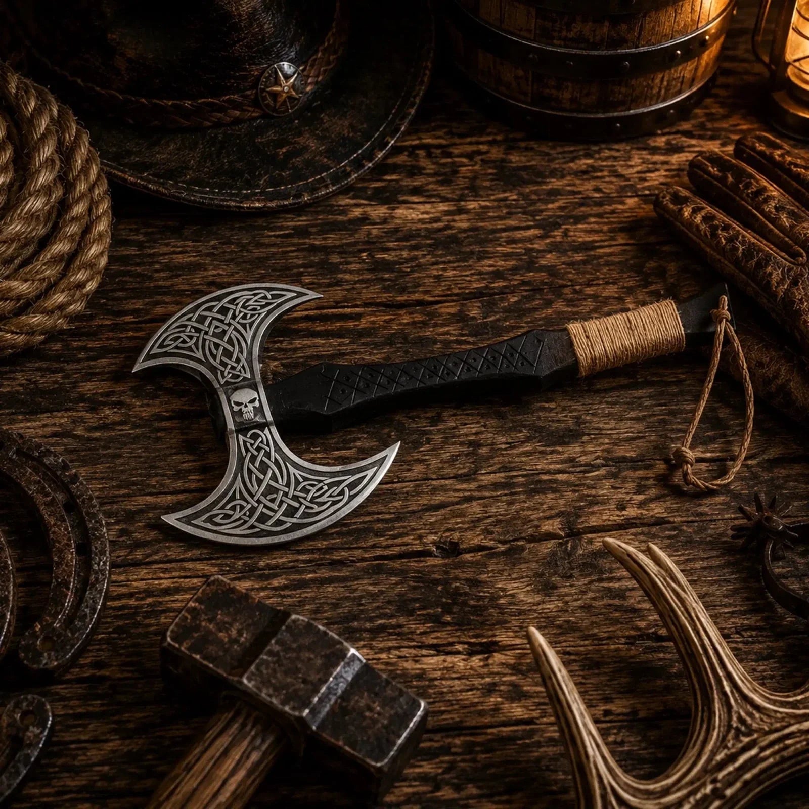 Skull Etched Double-Headed Viking Axe – Hand Forged Carbon Steel