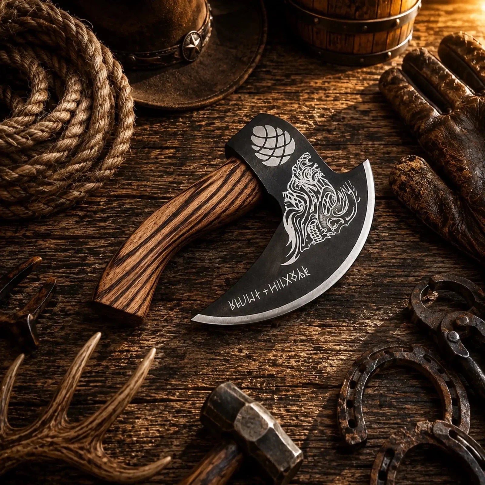 Skull Etched Pizza Cutter Axe – Medieval Carbon Steel Pizza Axe