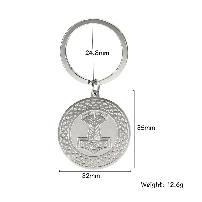 Skyrim Viking Thor Hammer Round Charm Pendant Fashionable Retro Talisman Stainless Steel Keychain for Men's Gifts and Accessorie