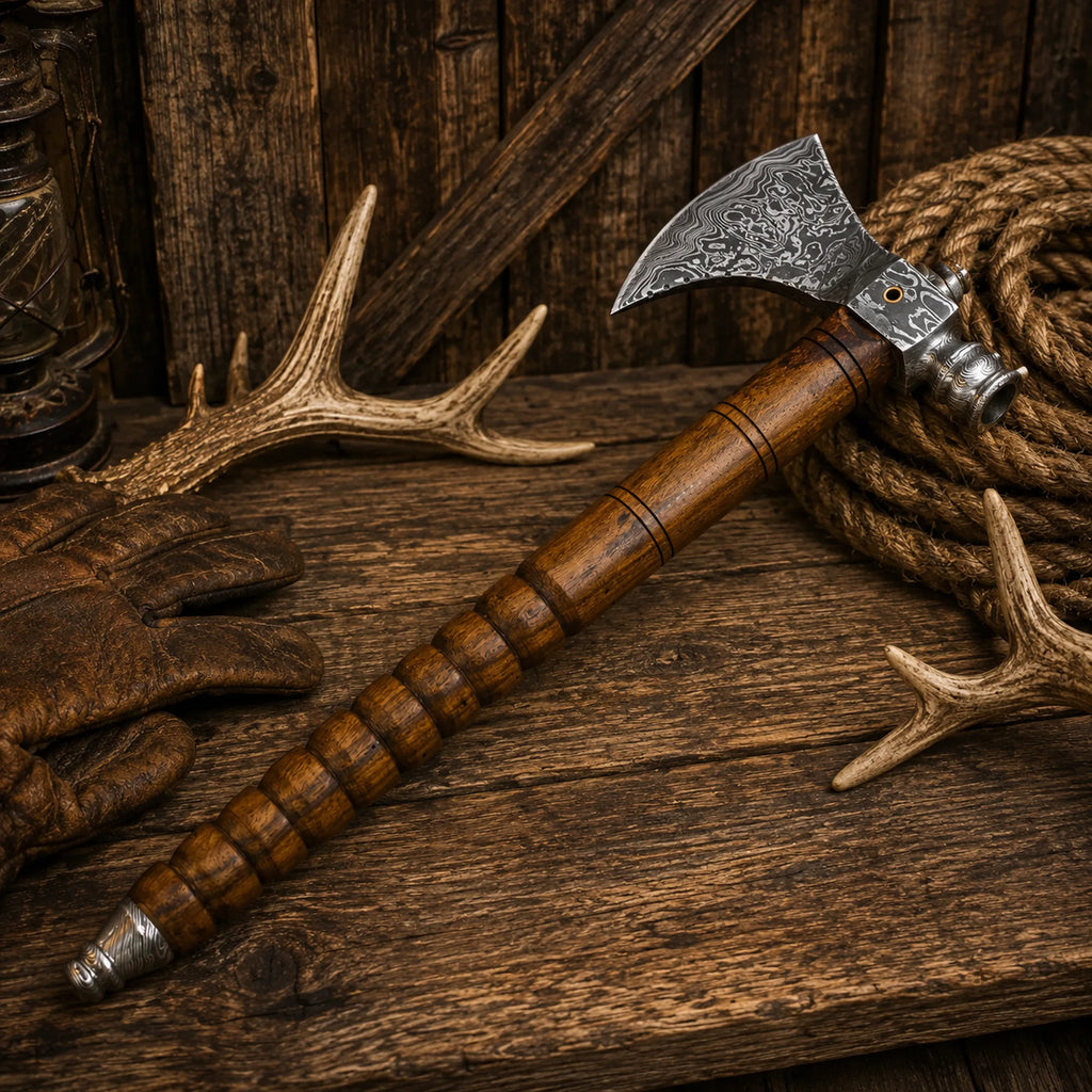 Handmade Damascus Steel Tomahawk Axe | Smokey Wood Throwing Hatchet