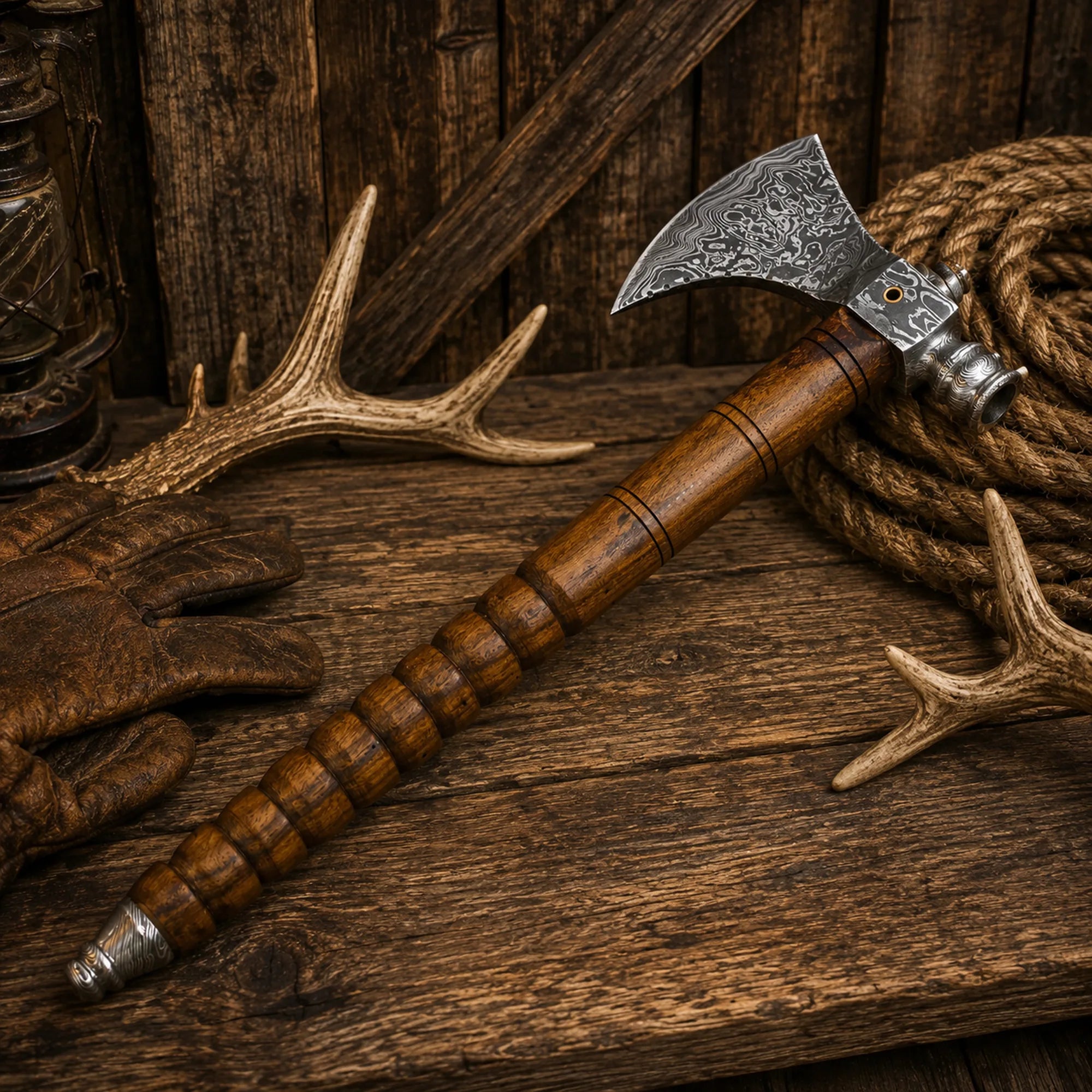 Handmade Damascus Steel Tomahawk Axe | Smokey Wood Throwing Hatchet