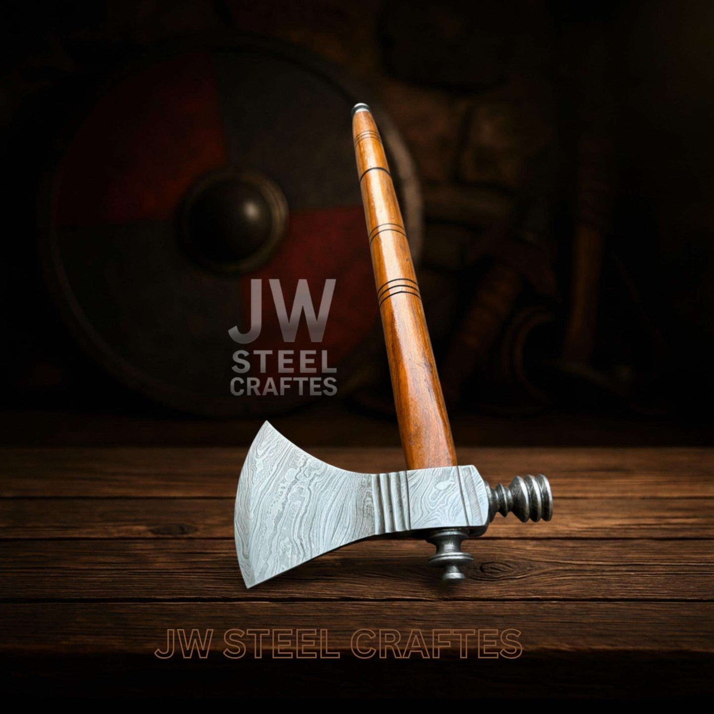 Collectible Artisan Pipe Axe in Damascus Steel with Hardwood Handle
