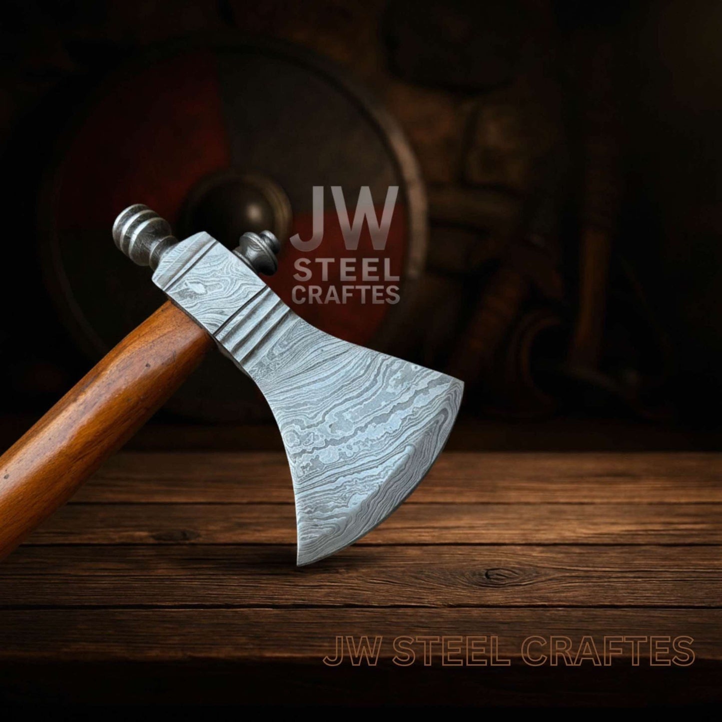 Collectible Artisan Pipe Axe in Damascus Steel with Hardwood Handle