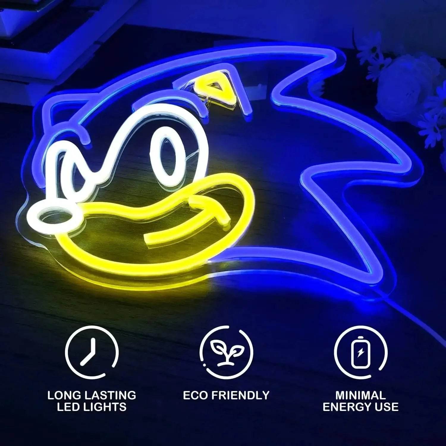 Sonic Neon Sign - Bright Blue LED Neon Light for Retro Gaming Decor - Blue