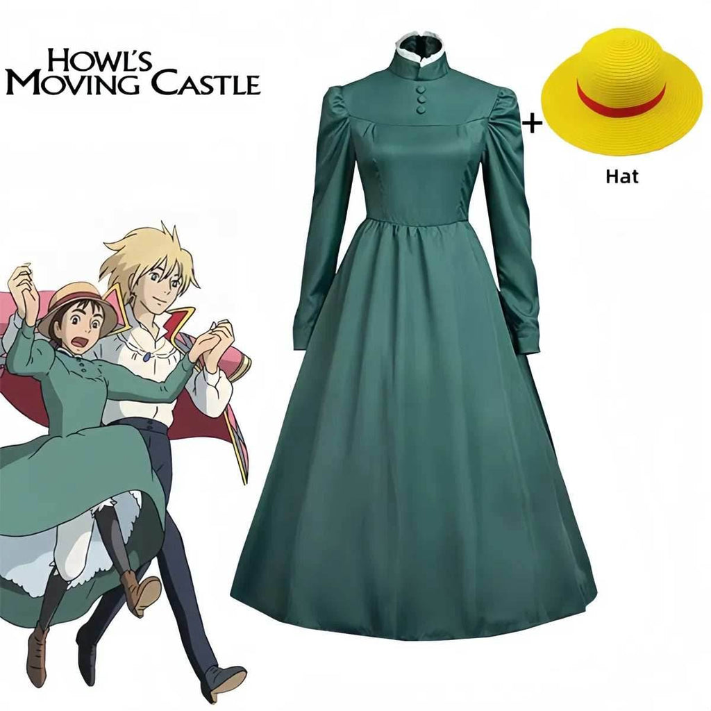 Sophie Cosplay Dress – Howl's Moving Castle Green Outfit with Hat - S / Dress and hat