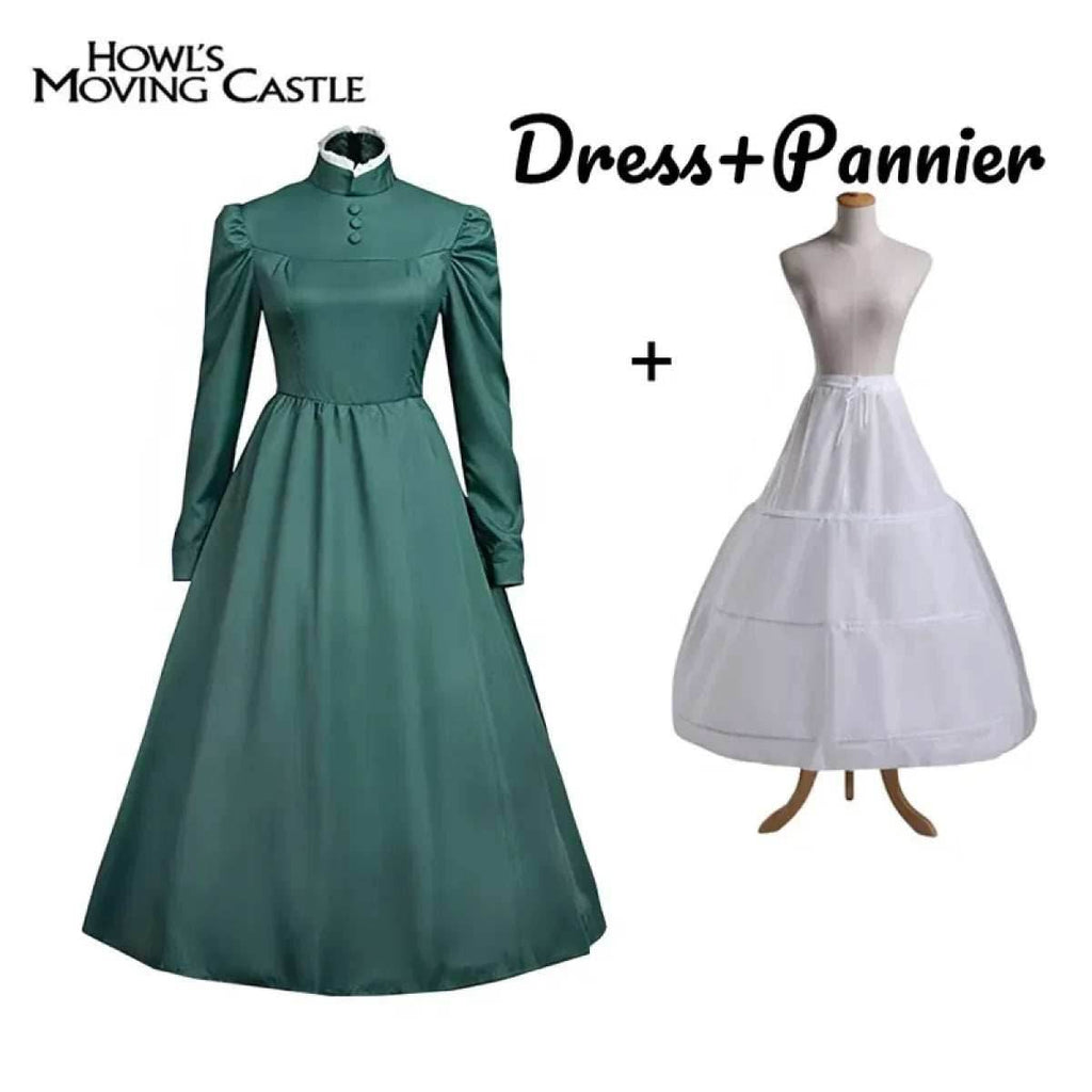 Sophie Cosplay Dress – Howl's Moving Castle Green Outfit with Hat - S / Dress and Pannier