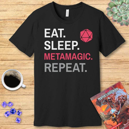 Sorcerer Class T-Shirt – 'Eat, Sleep, Metamagic, Repeat' - Navy / S