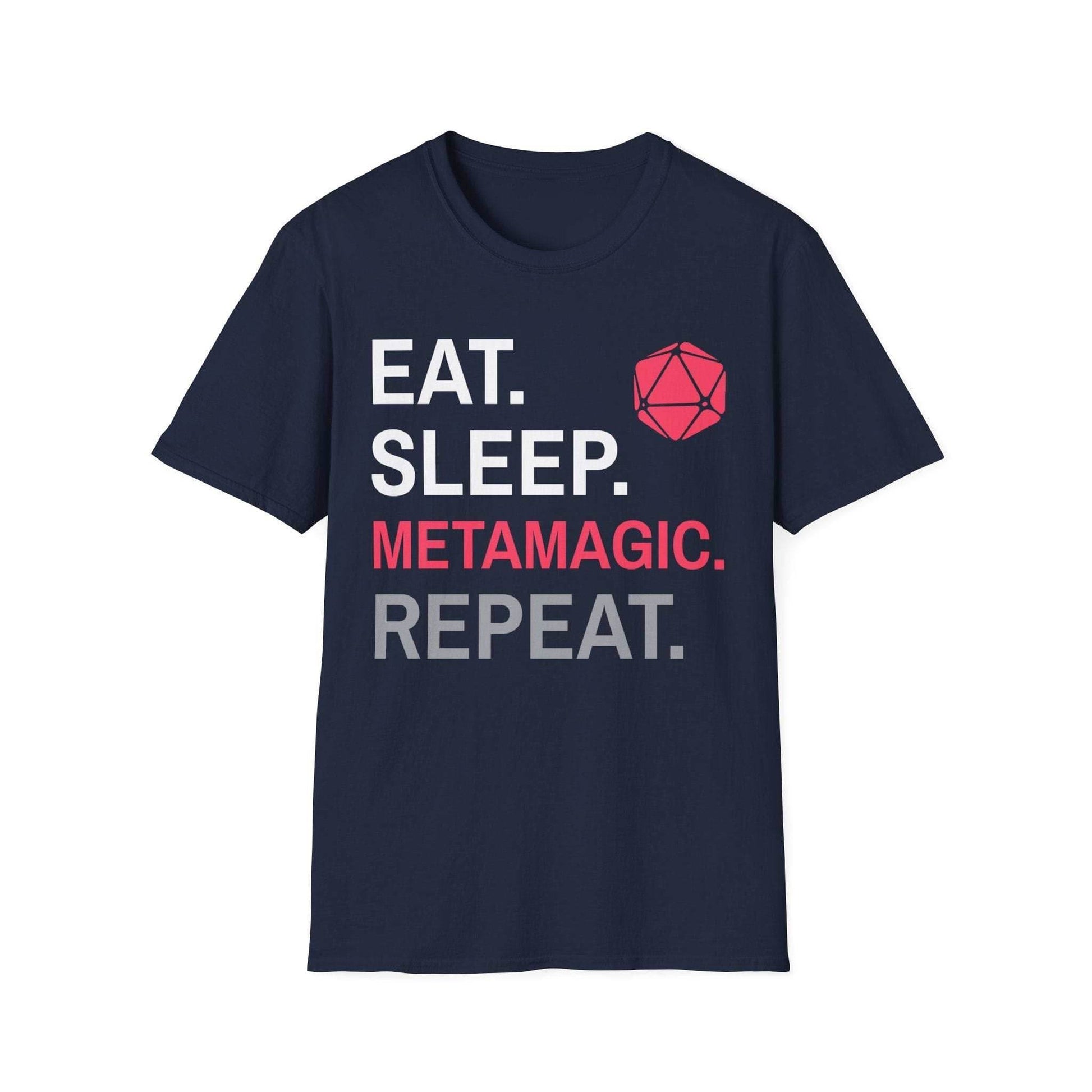 Sorcerer Class T-Shirt – 'Eat, Sleep, Metamagic, Repeat' - Navy / S
