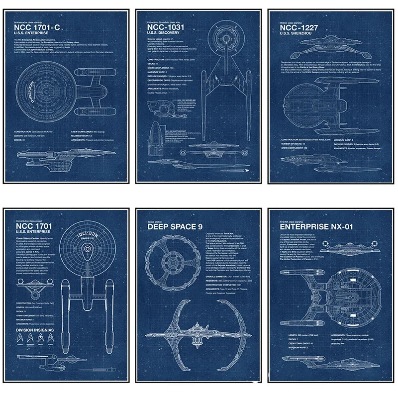 Spaceship Blueprint Canvas Painting HD Print Modern Wall Art Picture Classic Movie Star-Trek Poster Living Room Bedroom Decor